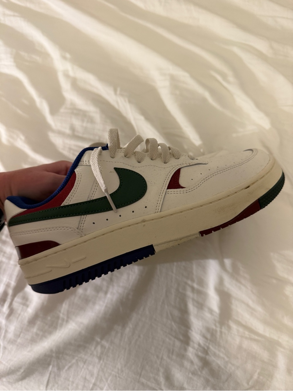 Nike White Leather Low-Top Sneakers with Green, Red & Blue Accents